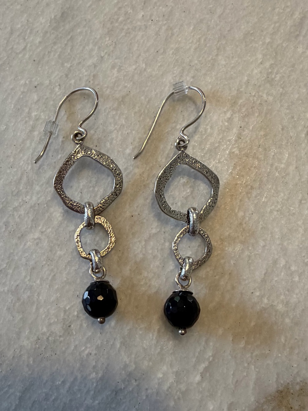 Textured Silver-Link Drop Earrings with Black Bead